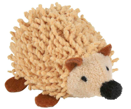 Kleines, struppiges Spielzeug in Igel-Form mit beigem Körper, braunen Füßen und Ohren, sowie schwarzem Gesicht.