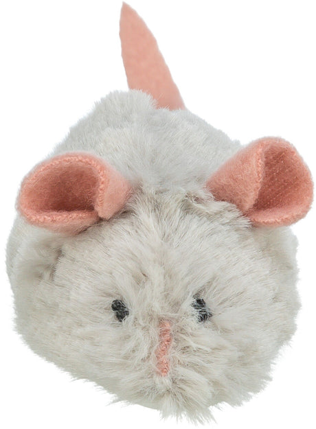 Graues, flauschiges Plüschspielzeug in Form einer Maus mit rosa Ohren und Schwanz, schwarze Augen und Nase.