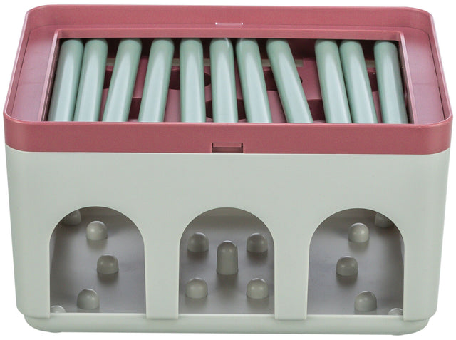 Rechteckige, mehrfarbige Kunststoffbox mit einer rosafarbenen Oberkante und grünen Stäben auf der Oberseite.