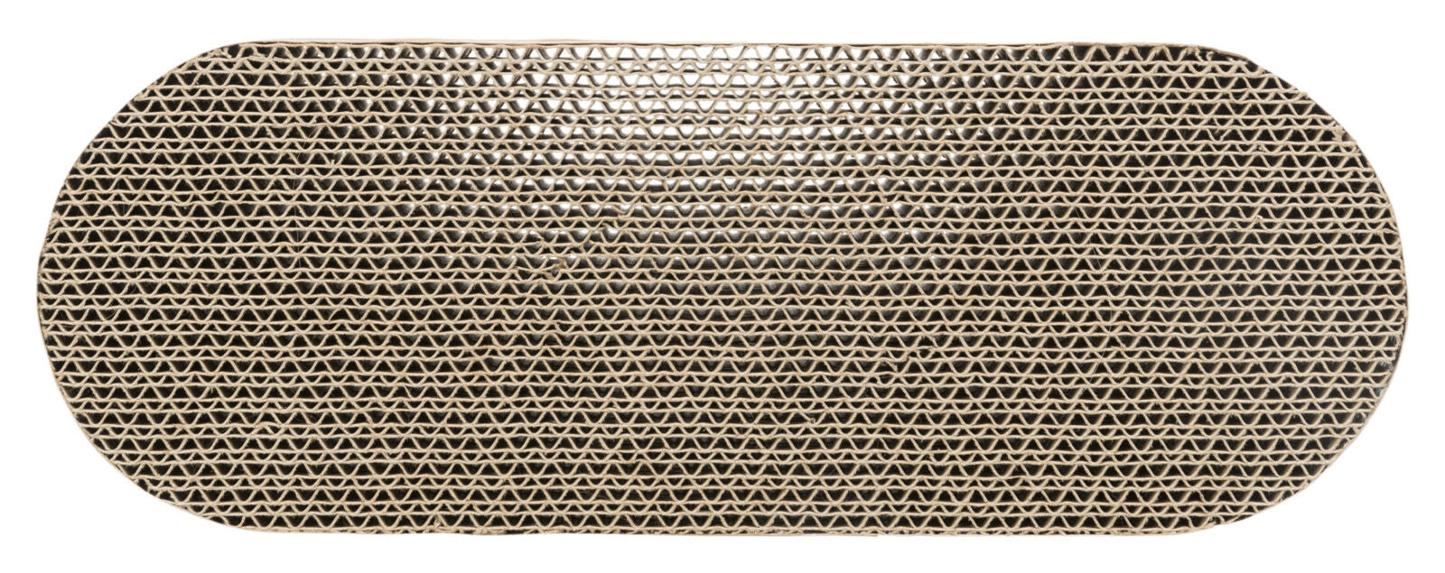 Rechteckiges Objekt mit einer Oberfläche aus brauner, welliger Pappe, die ein regelmäßiges, dreieckiges Muster zeigt.