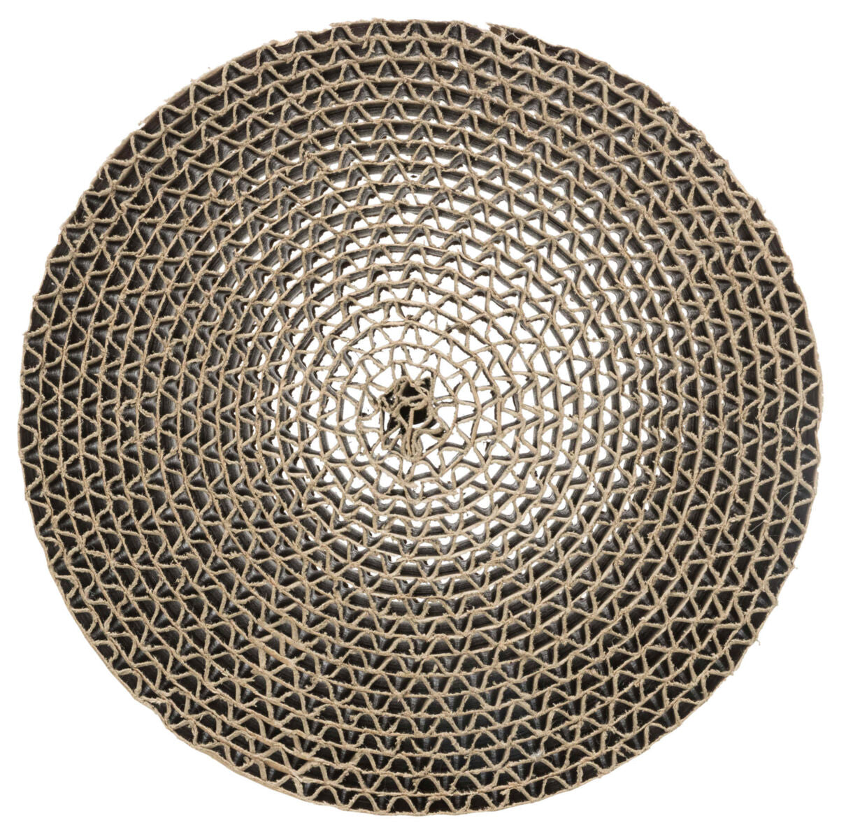 Rundgeflecht aus welligem Material in Kreisform mit einem gemusterten, durchlässigen Design.