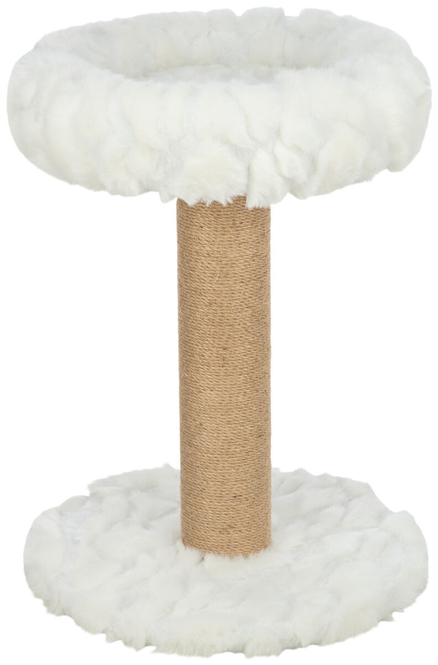 Katzenkratzbaum mit weißem Plüschbezug und einer beigen, mit Seil umwickelten Säule.