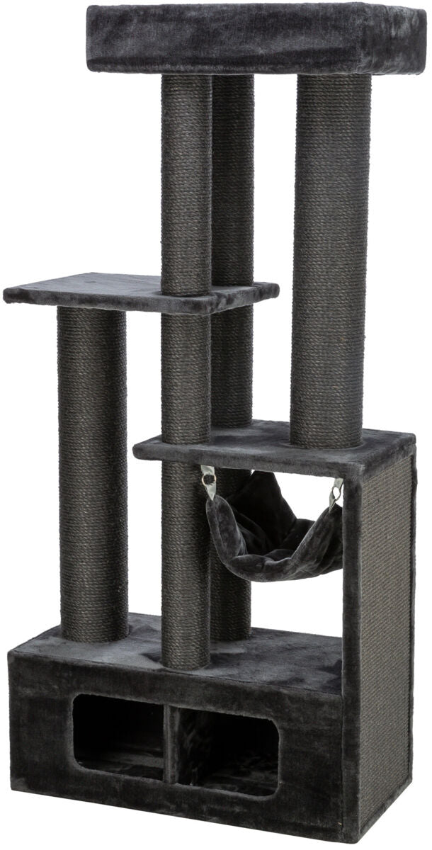 Großer, strukturierter Katzenbaum aus dunklem Material mit mehreren Plattformen, Kratzstämmen und einer Hängematte.
