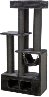 Großer, strukturierter Katzenbaum aus dunklem Material mit mehreren Plattformen, Kratzstämmen und einer Hängematte.