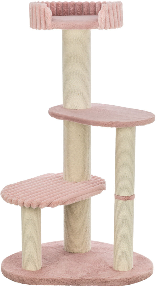 Katzenbaum mit rosa Plüschplattformen, drei Sisalstämmen und einer oberen Liegefläche auf ovaler Basis.