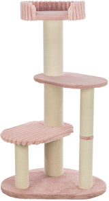 Katzenbaum mit rosa Plüschplattformen, drei Sisalstämmen und einer oberen Liegefläche auf ovaler Basis.