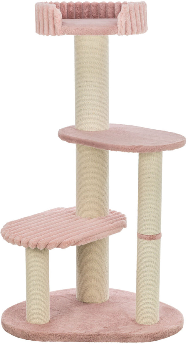 Katzenbaum mit rosa Plüschplattformen, drei Sisalstämmen und einer oberen Liegefläche auf ovaler Basis.