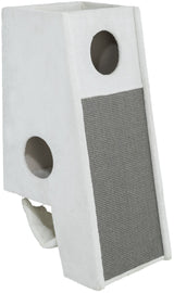 Weiß-grauer Turm mit Löchern und integrierter Sisalfläche, rechteckige Form, mehrere Öffnungen sichtbar.