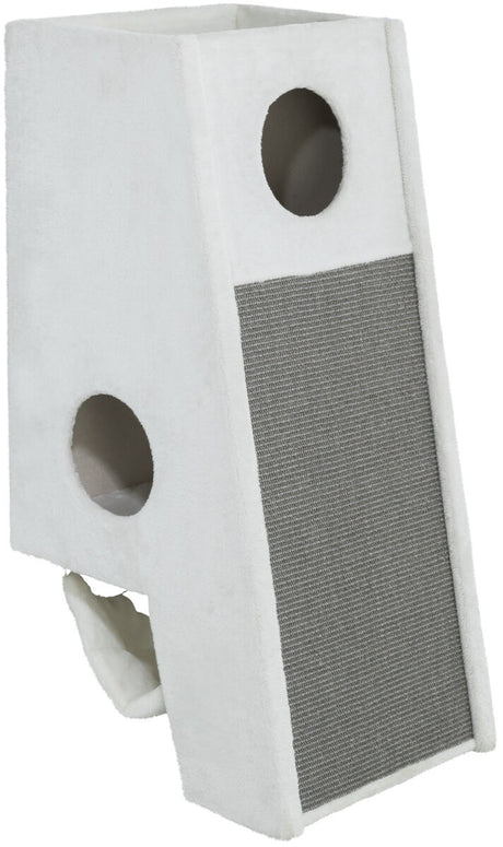 Weiß-grauer Turm mit Löchern und integrierter Sisalfläche, rechteckige Form, mehrere Öffnungen sichtbar.