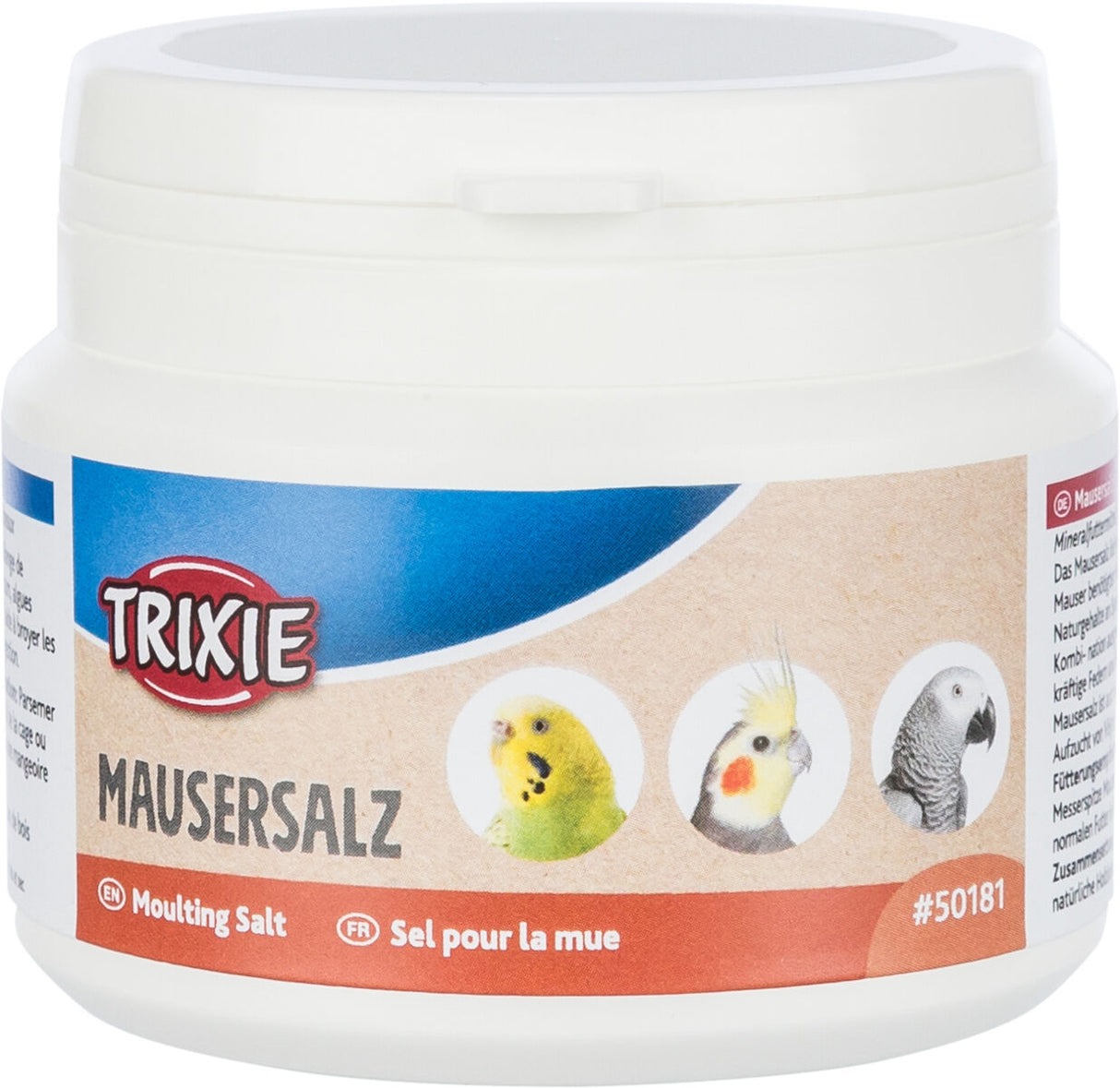 Weiße Plastikdose mit blauem und rotem Etikett von TRIXIE, Beschriftung "Mausersalz" mit Bildern von drei Vögeln.