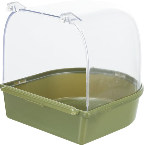 Grüne Katzentoilette mit Haube und transparentem Deckel, eckige Form.