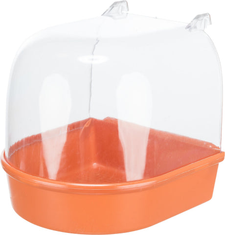 Transparente Haube mit orangefarbener Basis, rechteckige Form, geeignet als Abdeckung oder Schutzbehälter.
