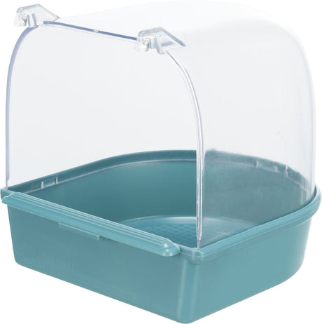 Transparente Katzenstreu mit Haube und unterem Behälter in Türkis mit klarer Abdeckung.