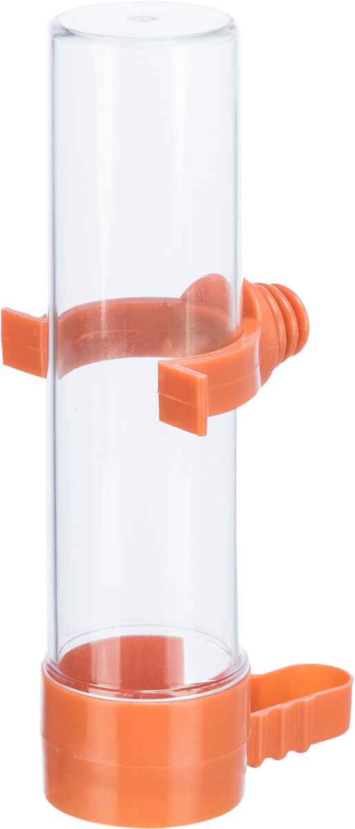 Transparenter Zylinderbehälter mit orangefarbenem Schraubverschluss und Halterungen.