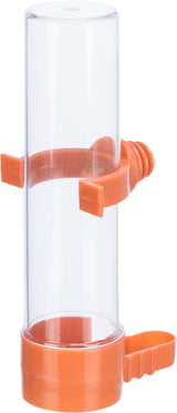 Transparenter Zylinderbehälter mit orangefarbenem Schraubverschluss und Halterungen.