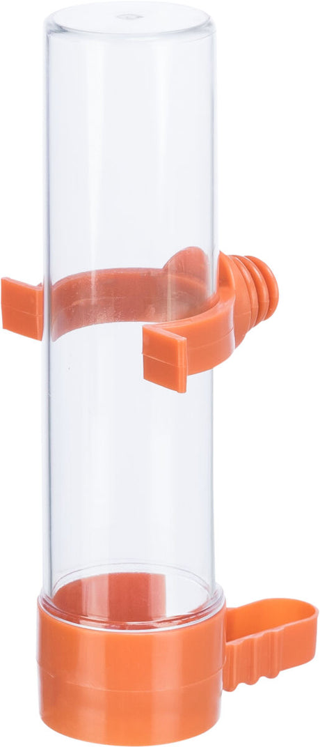Transparenter Zylinderbehälter mit orangefarbenem Schraubverschluss und Halterungen.