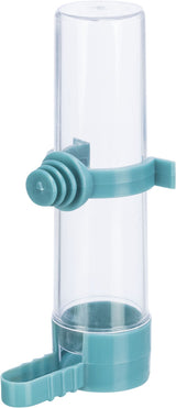 Ein transparenter, zylindrischer Behälter mit blauer Halterung und Befestigungsclip.