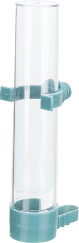 Transparenter, zylindrischer Behälter mit blauem Aufsatz und Halterung, vermutlich aus Kunststoff, keine sichtbaren Inhalte.