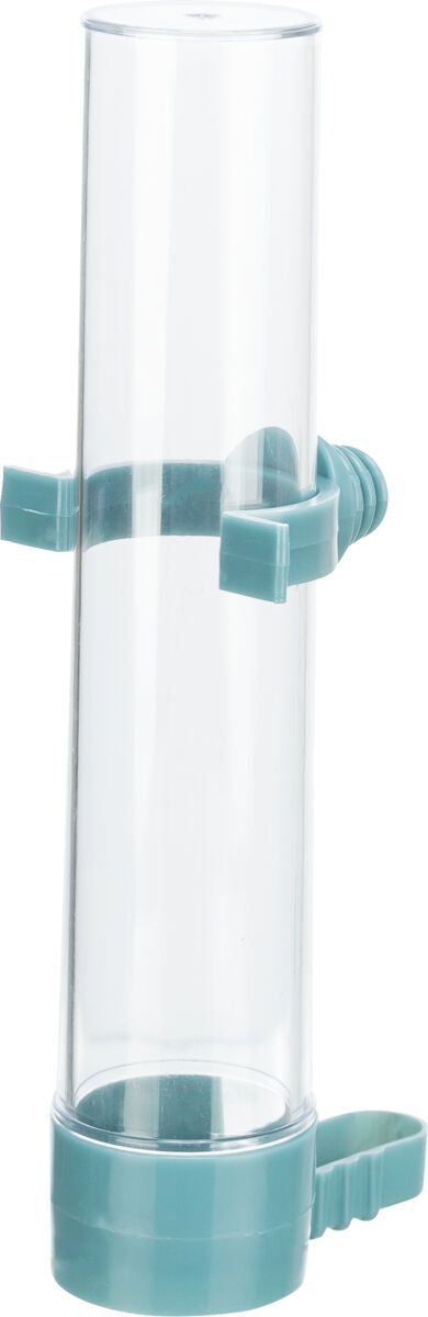 Transparenter, zylindrischer Behälter mit blauem Aufsatz und Halterung, vermutlich aus Kunststoff, keine sichtbaren Inhalte.