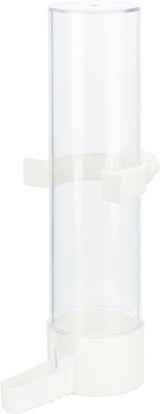 Transparenter, zylindrischer Behälter mit weißem Boden und seitlichen Clips zur Befestigung.