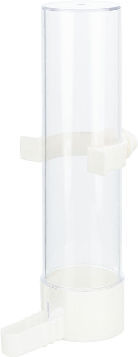 Transparenter, zylindrischer Behälter mit weißem Boden und seitlichen Clips zur Befestigung.