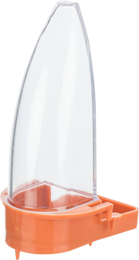Transparenter Behälter mit orangefarbenem Boden, oben spitz zulaufend.