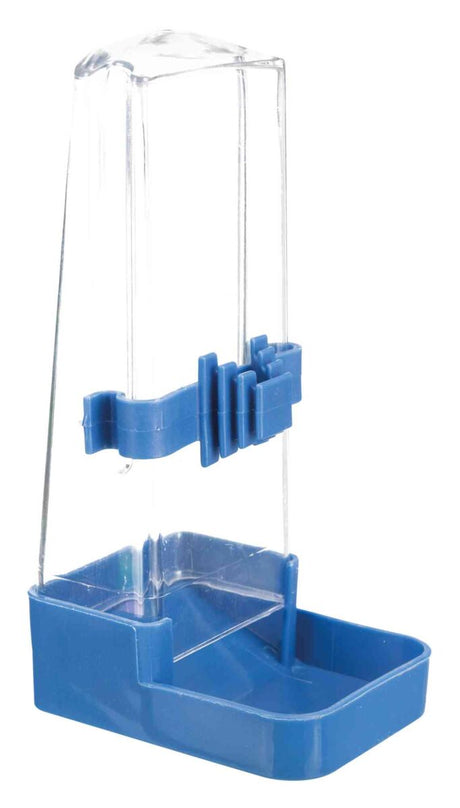 Transparenter Behälter aus Kunststoff mit blauem Boden und Halterung.