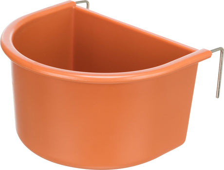 Orange, halbrunder Plastiknapf mit Metallhaken zum Aufhängen, an einer Kante erhöht.
