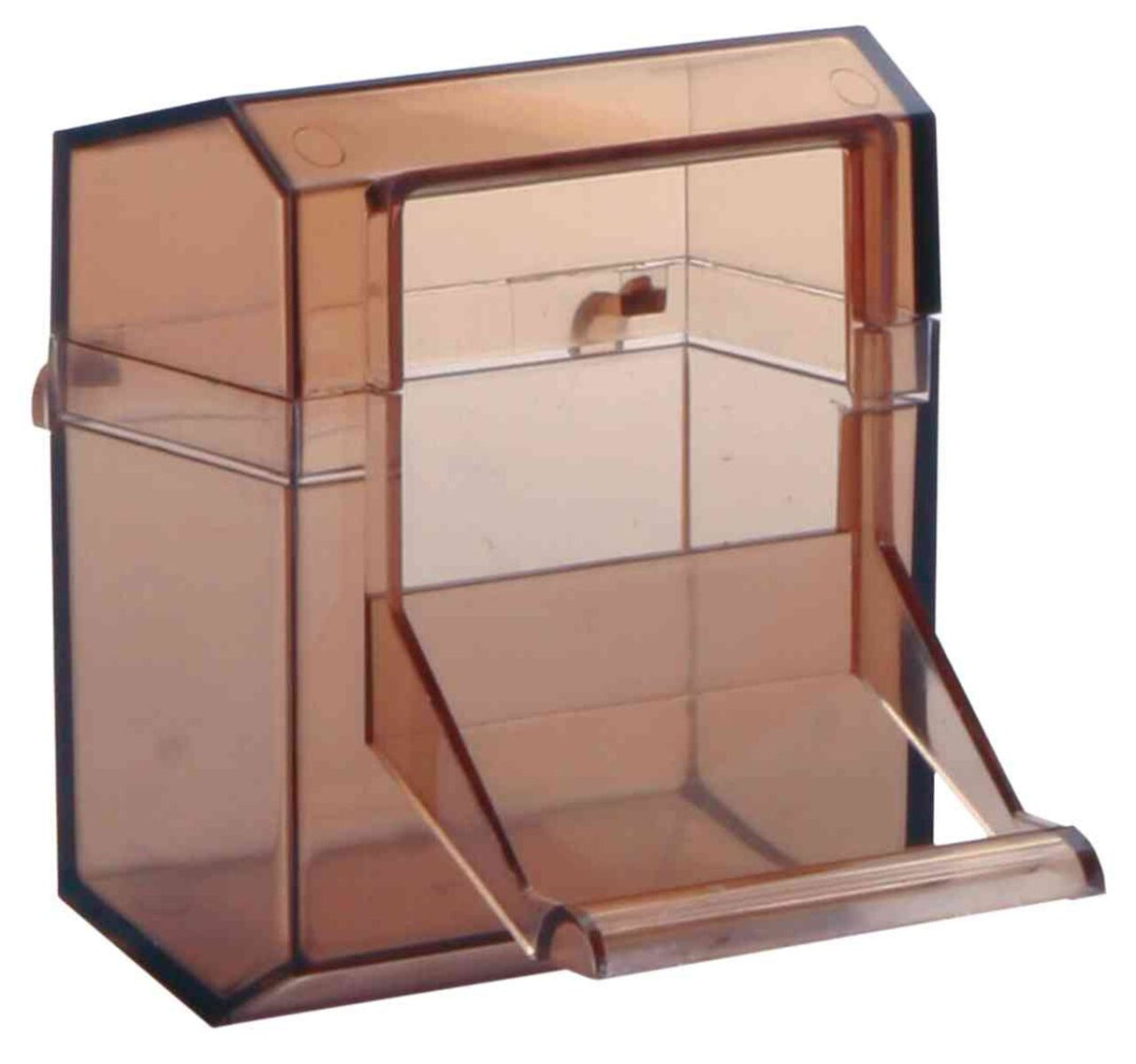 Durchsichtiger, brauner Plastikbehälter mit Klappdeckel und transparentem Schild vorne.