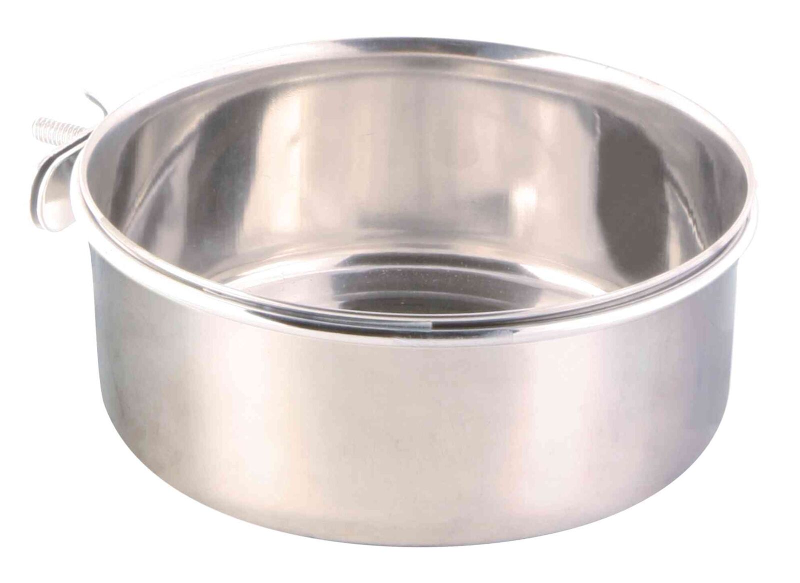 Runde, silberne Metallschale mit glänzender Oberfläche, seitlicher Halterung und glattem Rand.