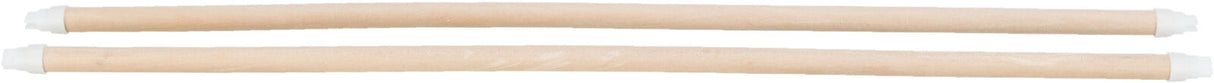 Zwei lange, gerade Holzstangen mit weißen Kunststoffkappen an den Enden auf weißem Hintergrund.
