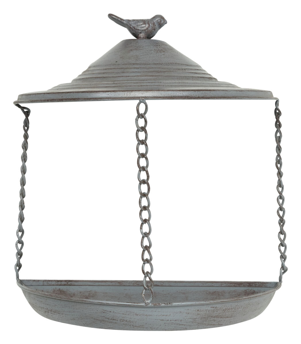 Rundes, hängendes Metallgestell mit Ketten und einem Vögelchen auf dem Deckel.