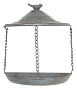 Rundes, hängendes Metallgestell mit Ketten und einem Vögelchen auf dem Deckel.