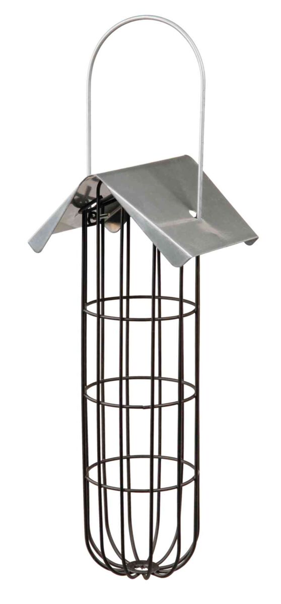 Metallisches zylindrisches Gitter mit Dach und Henkel, das als Futterspender dienen könnte.