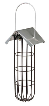 Metallisches zylindrisches Gitter mit Dach und Henkel, das als Futterspender dienen könnte.