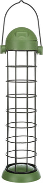 Ein grüner, zylindrischer Vogelfutterspender mit Metallgitter und einem oberen Griff.
