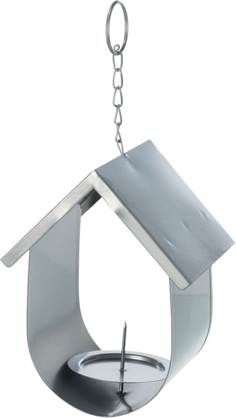Metallhaken mit Kette an einem silbernen Vogelhaus aus Metall mit Dach und integrierter Futterschale.