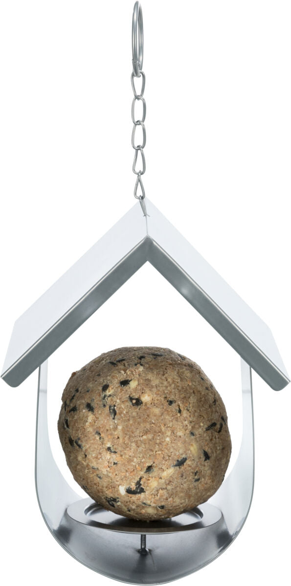 Metallene Vogelfutterstation mit Kettenaufhängung und rundem Futterball in einem offenen Dachdesign.