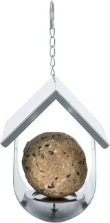 Metallene Vogelfutterstation mit Kettenaufhängung und rundem Futterball in einem offenen Dachdesign.