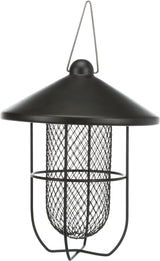 Schwarzer hängender Metallkorb mit netzartigem Gitter und konischem Dach zur Aufbewahrung im Freien.