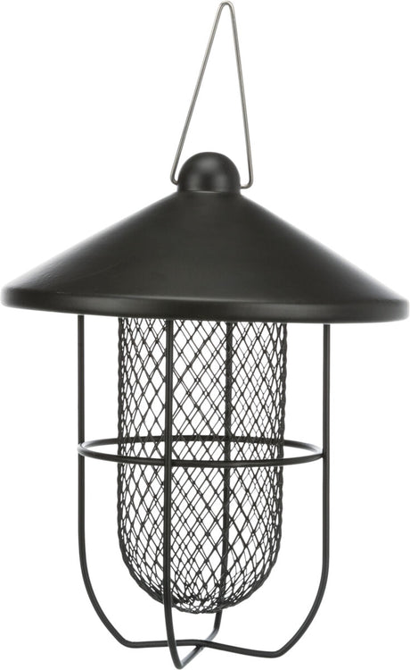 Schwarzer hängender Metallkorb mit netzartigem Gitter und konischem Dach zur Aufbewahrung im Freien.
