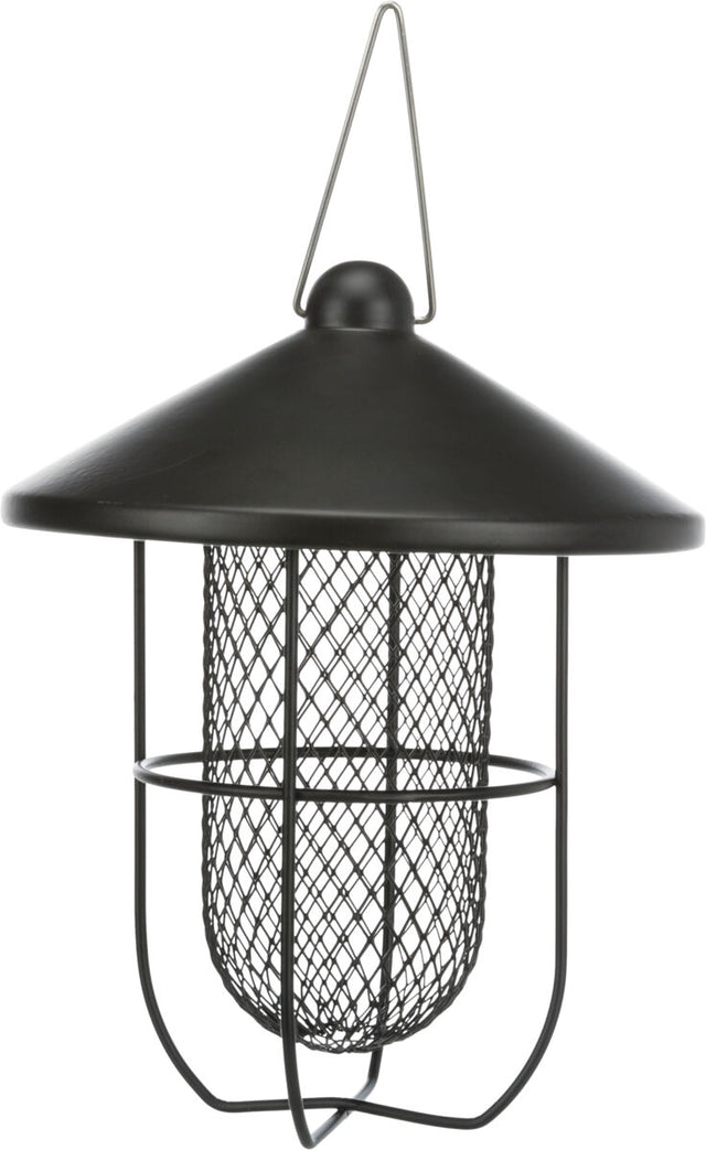 Schwarzer hängender Metallkorb mit netzartigem Gitter und konischem Dach zur Aufbewahrung im Freien.