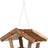 Holz-Vogelfutterhaus mit Satteldach, naturbelassen, aufgehängt an einer Schlaufe, mit Sonnenblumenkernen gefüllt.