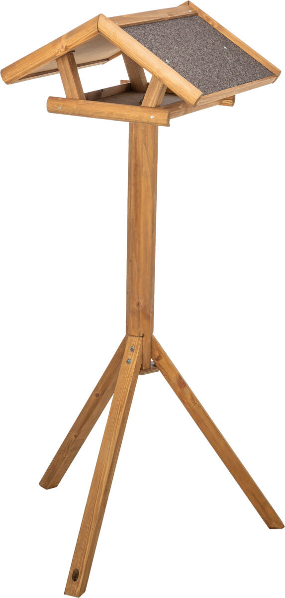 Holzständer mit schrägem Dach in Braun, auf drei Beinen stehend, Dach teilweise mit dunklem Material bedeckt.