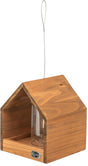 Holzhausförmiges Vogelhaus aus braunem Holz mit transparentem Behälter und silbernem Aufhänger.