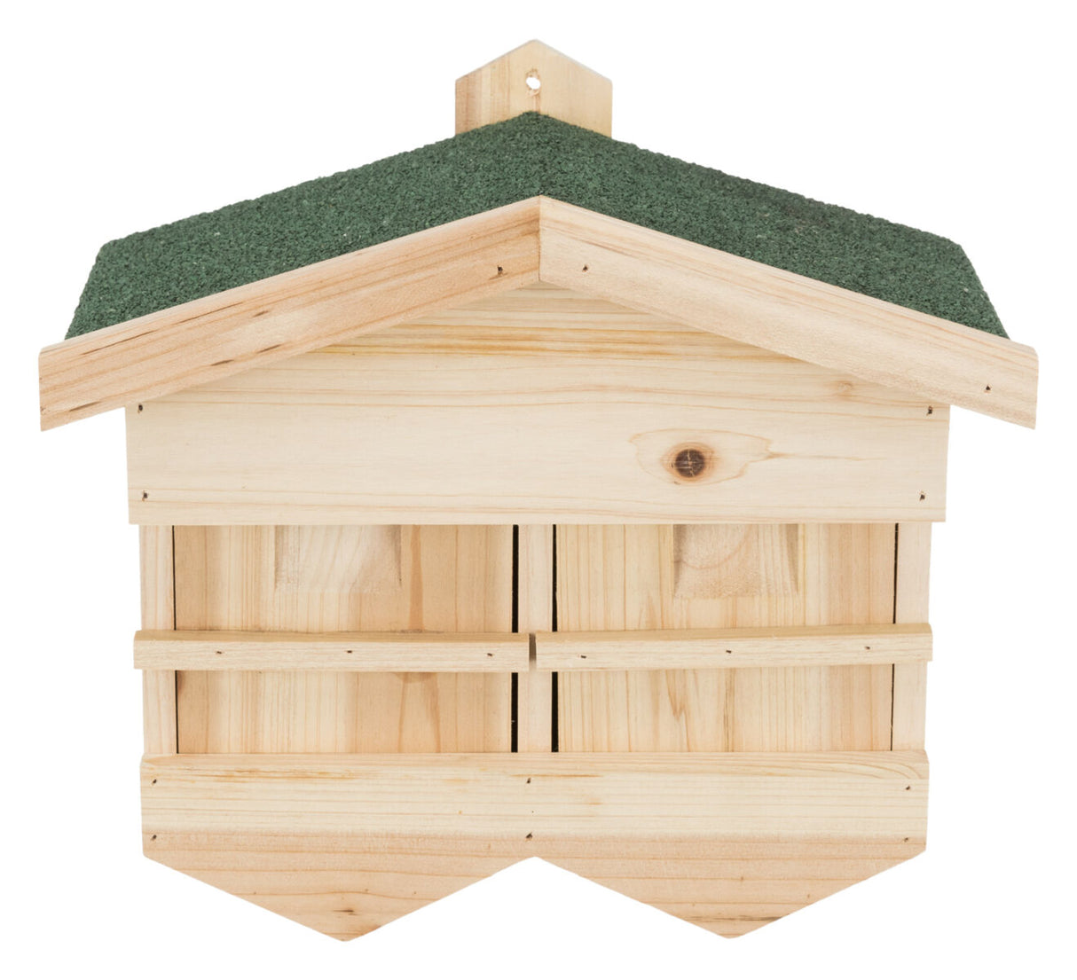 Holz-Nisthaus mit grünem Dach, rechteckiger Form und mehreren vertikalen Schlitzen auf der Vorderseite.