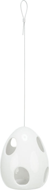 Weiße, hängende Kugel mit mehreren großen, runden Öffnungen und einem dünnen Seil mit Schlaufe an der Oberseite.