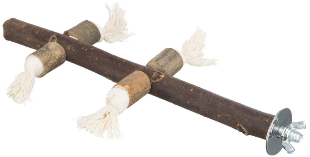 Holzstab mit vier kurzen, grauen Seilen an einer Metallbefestigung, die als Spielzeug dient.