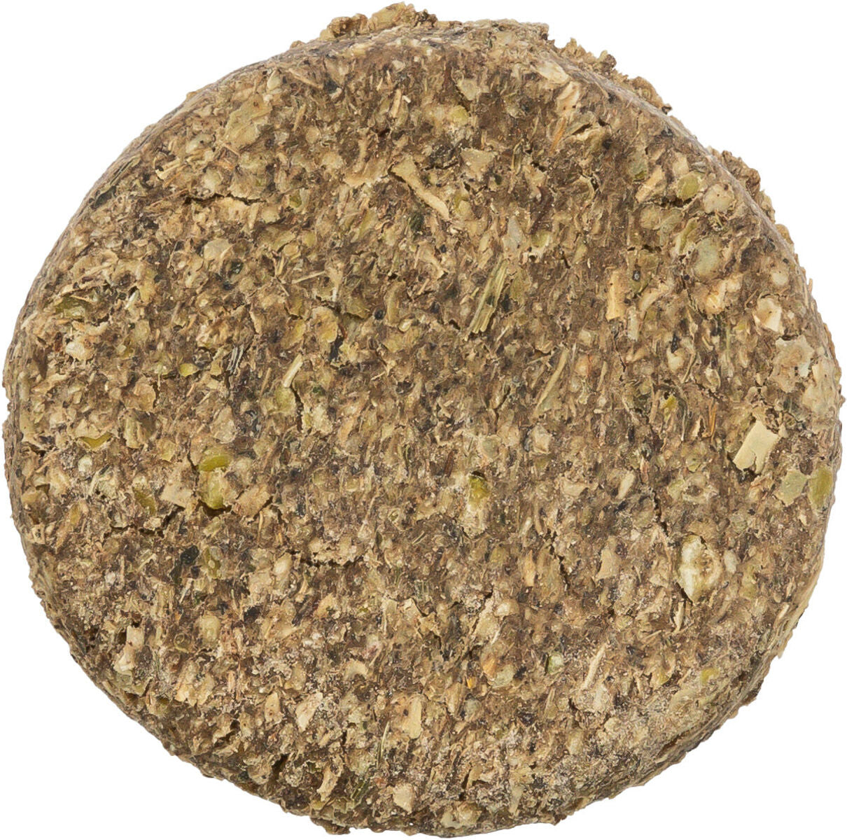 Runde, flache Scheibe aus grobem, gemahlenem Pflanzenmaterial in verschiedenen Brauntönen.