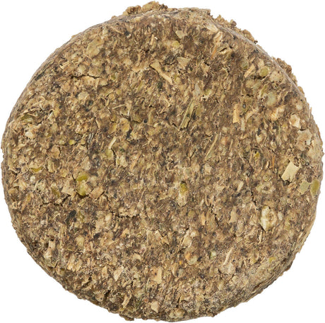 Runde, flache Scheibe aus grobem, gemahlenem Pflanzenmaterial in verschiedenen Brauntönen.